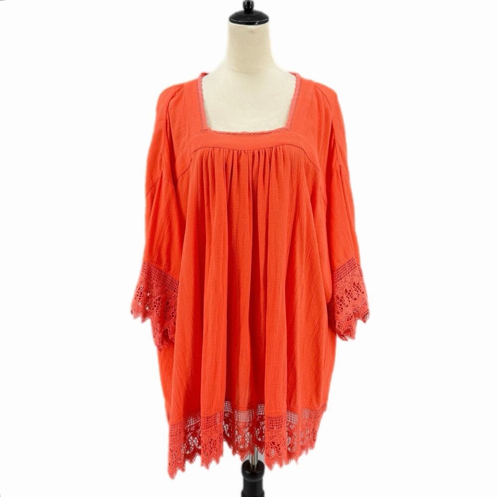 Free People NEW Orange Coral Back Tie Crochet Lace 100% Cotton Tunic Mini Dress